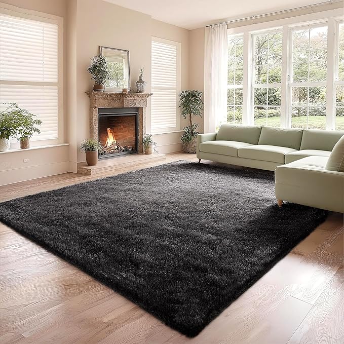 Ultra Soft Shag 8x10 Black Area Rug – 8x10 Rugs for Living Room, Non-Slip, Fluffy Plush Large Carpet, Shaggy Furry Rug for Bedroom, Dorm, Kids and Girls Room, Nursery, Home Office Décor