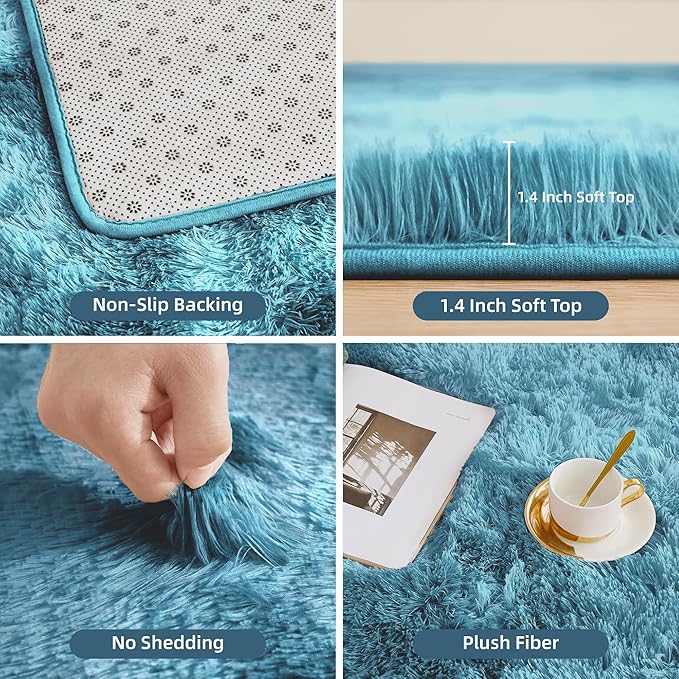 Litanika 6x9 Shag Area Rug for Living Room Bedroom, Tie-Dyed Blue High Pile Soft Plush Shaggy Furry Bedside Playroom Dorm Carpet, Non-Slip, Non-Shedding Modern Indoor Floor Rug
