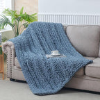 WESHIONGOO Chunky Knit Blanket Throw 40"×60" Knitted Throw Blankets for Couch Bed Fluffy Soft Blanket with Jumbo Chenille Yarn Thick 100% Handmade(Dusty Blue,Medium Size Throw)