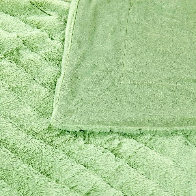 Striped Throw Blanket and Pillow Covers Set (No Inserts) for Couch and Bed, Plush Warm Lightweight Fuzzy Faux Fur Blanket for All Seasons (50" x 60", Light Green)