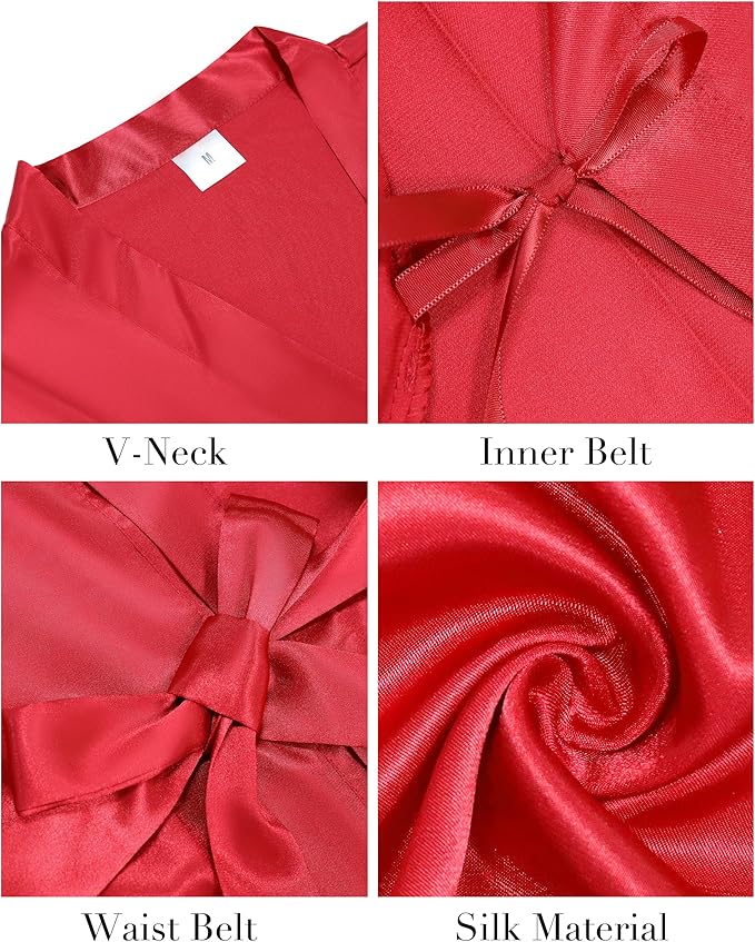 Vlazom Womens Kimono Robes Dressing Gown Satin Bathrobe Nightdress Short Style Bridal Robe