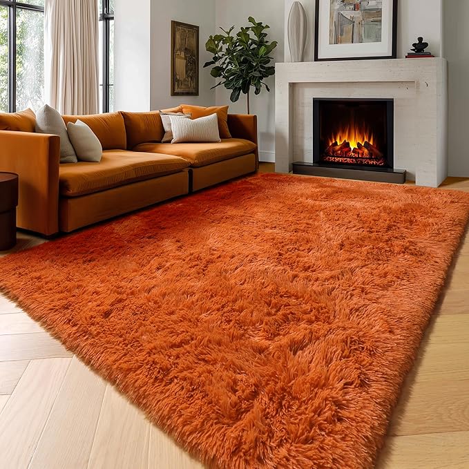 Amdrebio Burnt Orange Area Rugs for Living Room Bedroom, Fluffy Plush Furry Fuzzy Rug 5x8 for Kids Room Decor Aesthetic, Modern Cute Shag Floor Dark Orange Carpet for Nursery Dorm Classroom Playroom