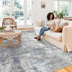 8x10 Washable Living Room Rug – Modern Neutral Abstract Large Area Rug for Bedroom Dining Room Kitchen Home Office Under Table – Non-Slip Low Pile Soft Thin Indoor Carpet（Blue Grey,8x10）