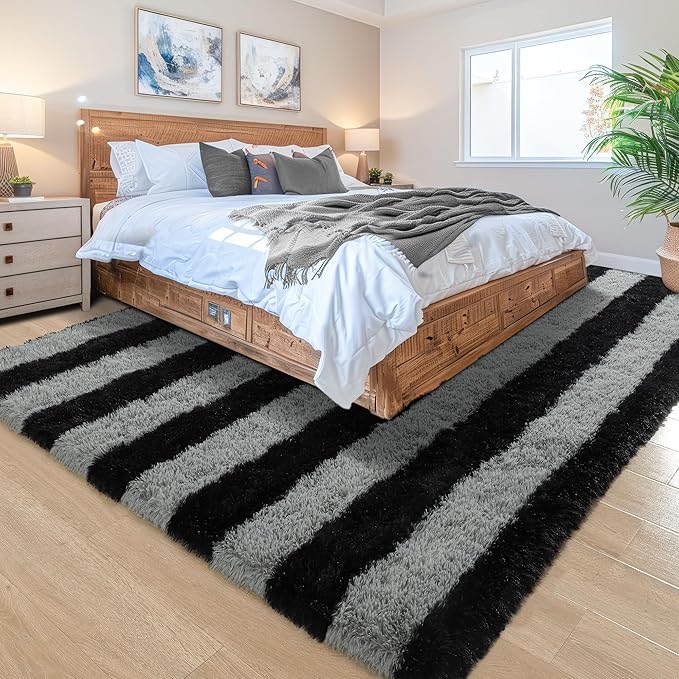 Noahas Fluffy 4x6 Area Rugs for Bedroom Living Room,Thick Shag Black and Grey Throw Floor Carpet,Soft Shaggy Bedside Non-Slip Plush Dorm Nursery Kids Rug