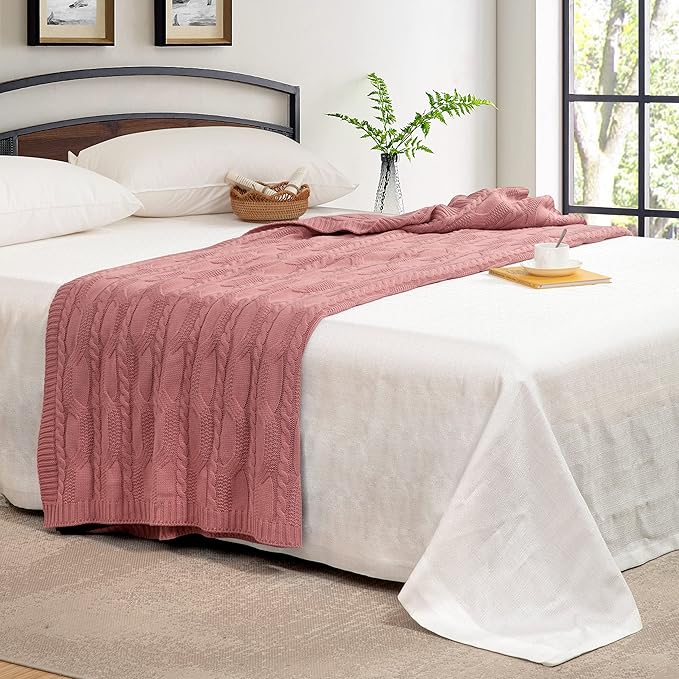 Aormenzy Dusty Pink Knit Throw Blankets Oversized Cable Knit Decorative Throw Blanket Dusty Rose Soft Cozy Knitted Blanket for Sofa Couch Bed, 60" x 80"