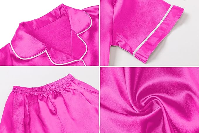 Umeyda Girls Womens Pajamas Set, Satin Silky Button Down Loungewear 2 Piece Short Sleeve Pants PJS Sets for Mommy Kids