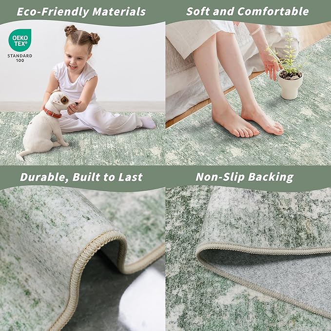 3x6 Washable Kitchen Runner Rug - Non Slip Stain Resistant Low-Pile Thin Wide Carpet Runners for Entryway Hallway Bathroom Bedside,Modern Neutral Abstract(Sage Green,3x6)