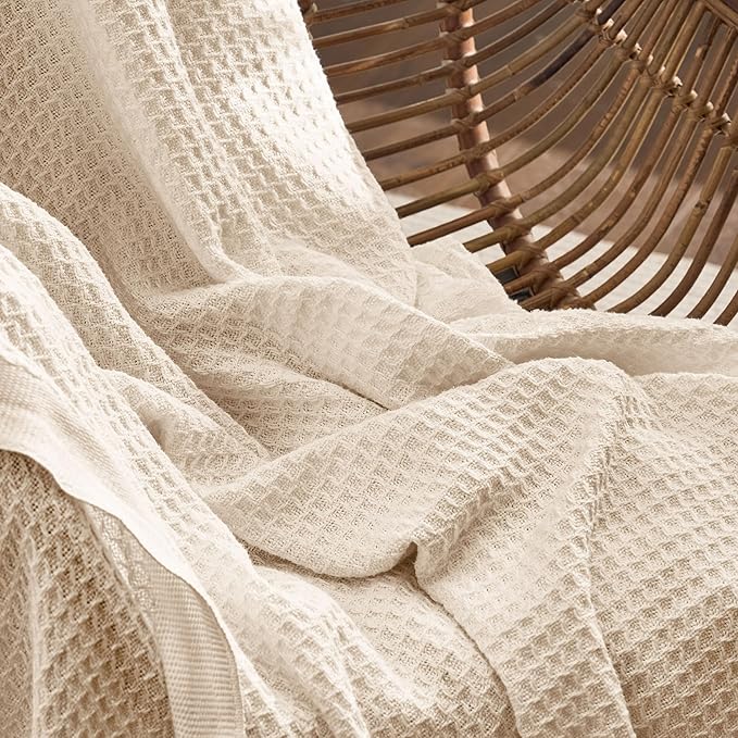 Bedsure Gentlesoft 100% Cotton Blanket Twin XL Size for College Dorm - Breathable and Soft for Spring Summer, Waffle Weave Twin Blanket for Bed, Dorm Room Essentials, Yellowish Cream, 66x90 inches
