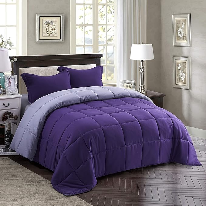 HIG 3pc Down Alternative Comforter Set - All Season Reversible Comforter with Two Shams - Quilted Duvet Insert with Corner Tabs - Box Stitched - Super Soft, Fluffy (Full/Queen, Purple)