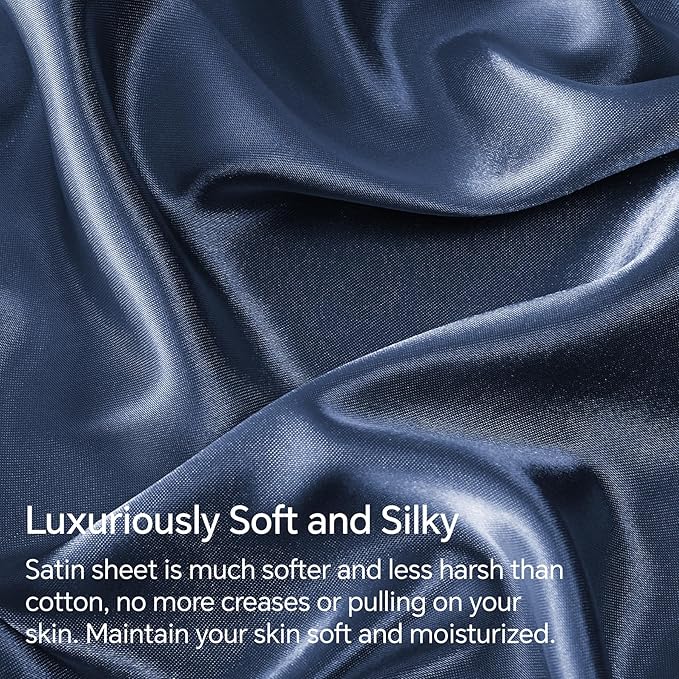 BEDELITE King Size Sheets Set, Luxury Soft Navy Satin Sheets for Hair and Skin, Similar to Silk Bed Sheets Set 4 Pieces with 1 Deep Pocket Fitted Sheet, 1 Flat Sheet, and 2 Pillowcases