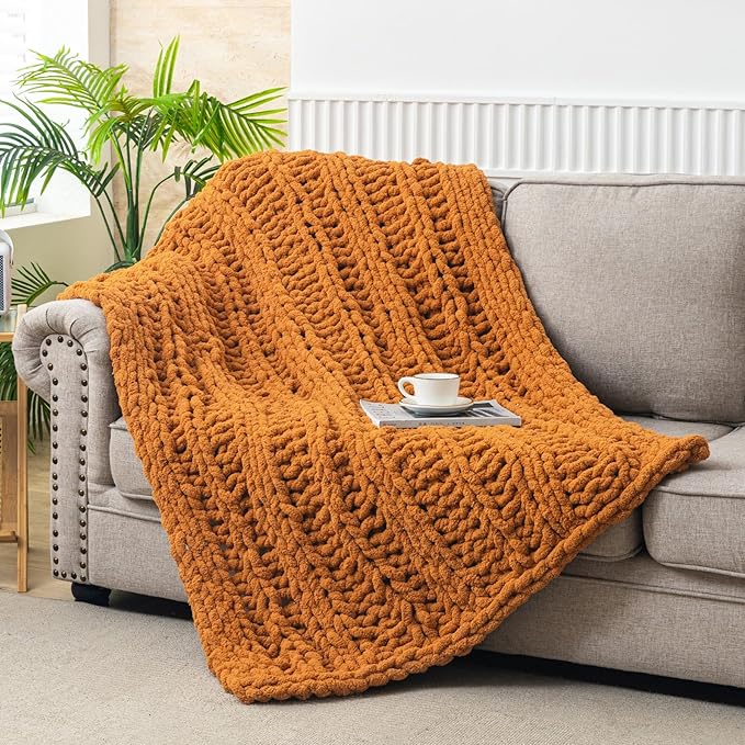 WESHIONGOO Chunky Knit Blanket Throw 40"×60" Knitted Throw Blankets for Couch Bed Fluffy Soft Blanket with Jumbo Chenille Yarn Thick 100% Handmade (Burnt Orange, Medium Size Throw)