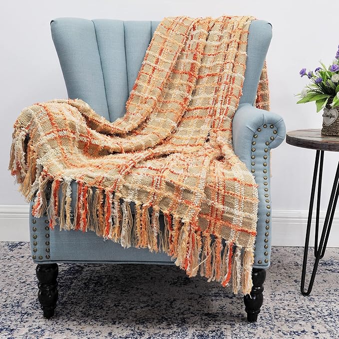 Multicolored Chenille Knitted Throw Soft Cozy Fluffy Reversible Boho Plaid Throw Blanket with Tassels for Couch Chair Bed Cover Living Room Bedroom Décor, 50" x 60", Burnt Orange