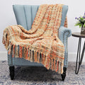 Multicolored Chenille Knitted Throw Soft Cozy Fluffy Reversible Boho Plaid Throw Blanket with Tassels for Couch Chair Bed Cover Living Room Bedroom Décor, 60" x 80", Burnt Orange