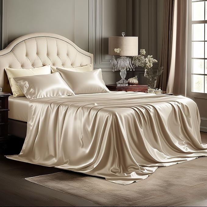 Bedsure Satin Sheets Full Size - 4 Piece Silky Bedsheets with 15 Inches Deep Pocket Fitted Bedsheet,1 Flat Sheet, 2 Satin Pillowcases, Good for Hair & Skin (Full, Khaki)