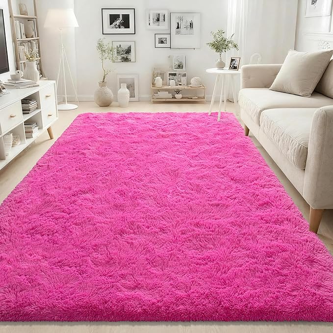 ISEAU Fluffy Rug Carpets Soft Shaggy Area Rugs Indoor Floor Mats for Kids Room Fuzzy Carpet Comfy Cute Nursery Mat Bedside Rug for Boys Girls Bedroom Living Room Home Decor Mat, 3ft x 5ft, Hot Pink