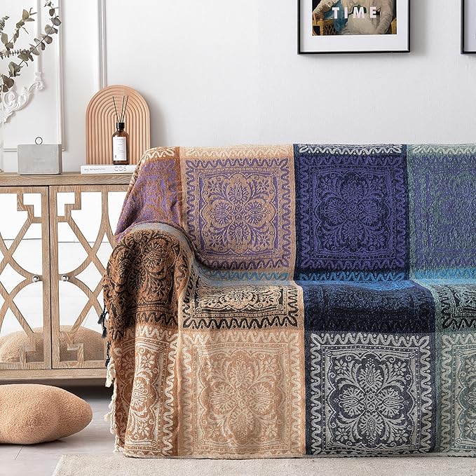 Boho Throw Blanket - Hippie Chenille Jacquard Bohemian Chair Couch Sofa and Bed Furniture Cover with Colorful Tribal Pattern (Purple, 60" x 75")