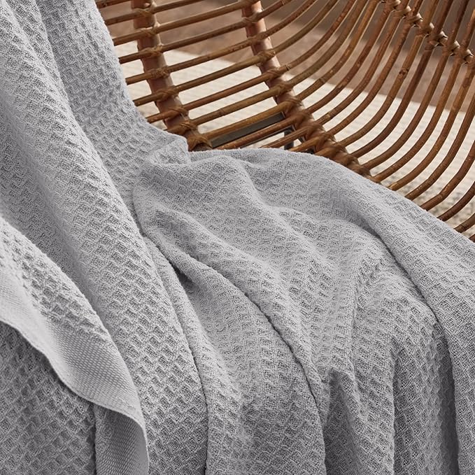 Bedsure Gentlesoft 100% Cotton Throw Blanket for Couch 50x70 inches - Cooling Breathable and Soft for Spring Summer, Waffle Weave Throw Blanket for Office, Grey