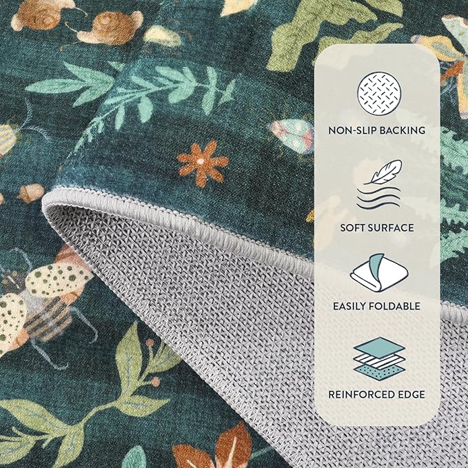 Lahome Chloe Insect Botanical 2x3 Kitchen Rugs for Entryway, Washable Small Green Door Mat Indoor Entrance, Soft Non-Slip Indoor Throw Carpet for Bathroom Bedroom Laundry(Dark Green,2x3)