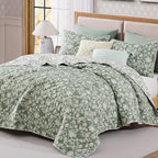 BLOOMHAVEN Quilt Set King Size, Green Floral Quilt Sets, Reversible Bedspread Lightweight and Breathable for All Seasons, Soft Quilted Bedspread with 2 Pillow Shams