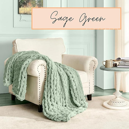 Adyrescia Chunky Knit Blanket Throw | 100% Hand Knit with Jumbo Chenille Yarn (50"x60", Sage Green)