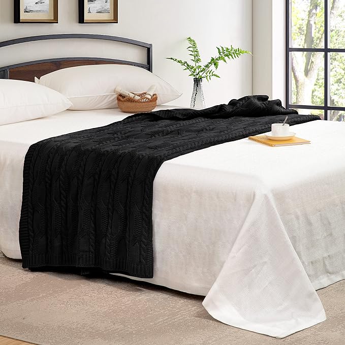 Aormenzy Black Knit Throw Blankets Cable Knit Decorative Throw Blanket Soft Cozy Knitted Blanket for Sofa Couch Bed, 50" x 60"