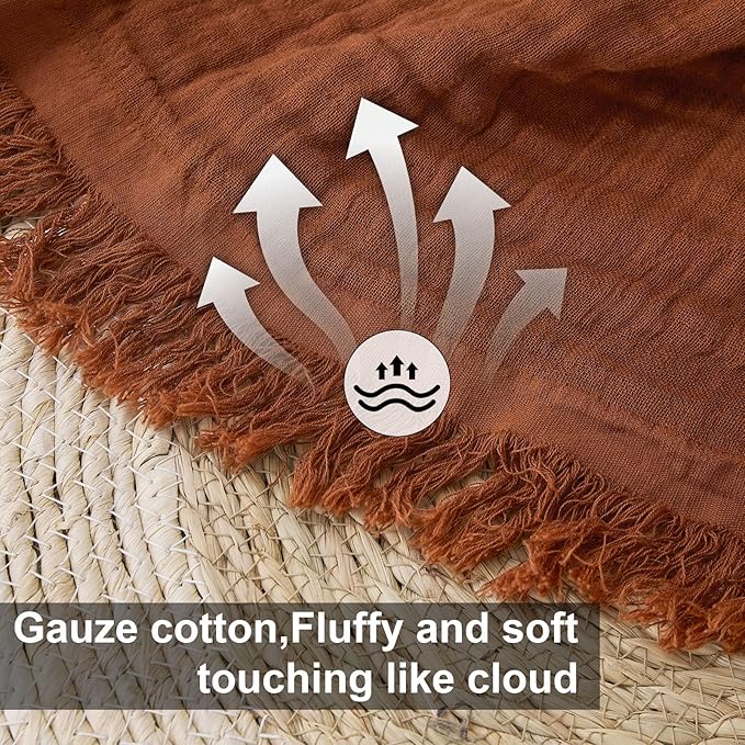Cotton Muslin Throw Blanket with Tassels, Lightweight Woven Gauze, Pre-Washed Breathable Farmhouse Decor for Bed, Couch, All-Season Use (Rust, 50" x 60")