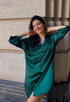 Ekouaer Satin Nightgowns for Women Silk Sleepwear Button Down Sleepshirt 3/4 Sleeve V-Neck Nightshirts with Pockets