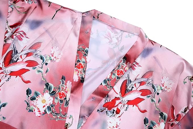 Valennia Women Long Silky Bathrobe Satin Kimono Robe Floral Printed Dressing Gown Sleepwear