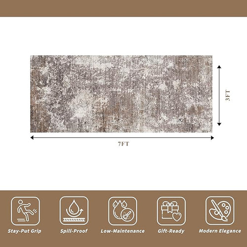 3x7 Kitchen Runner Rug – Washable Non-Slip Modern Abstract Neutral Carpet for Hallway, Entryway, Bedroom, Laundry Room & Bathroom – Low-Pile Thin Stain-Resistant Wide Floor Runner(Brown Beige,3x7)