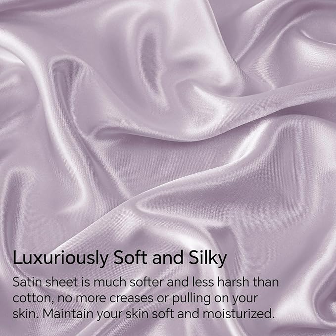 BEDELITE King Size Sheets Set, Luxury Soft Lavender Satin Sheets for Hair and Skin, Similar to Silk Bed Sheets Set 4 Pieces with 1 Deep Pocket Fitted Sheet, 1 Flat Sheet, and 2 Pillowcases