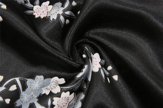 Valennia Women Long Silky Bathrobe Satin Kimono Robe Floral Printed Dressing Gown Sleepwear