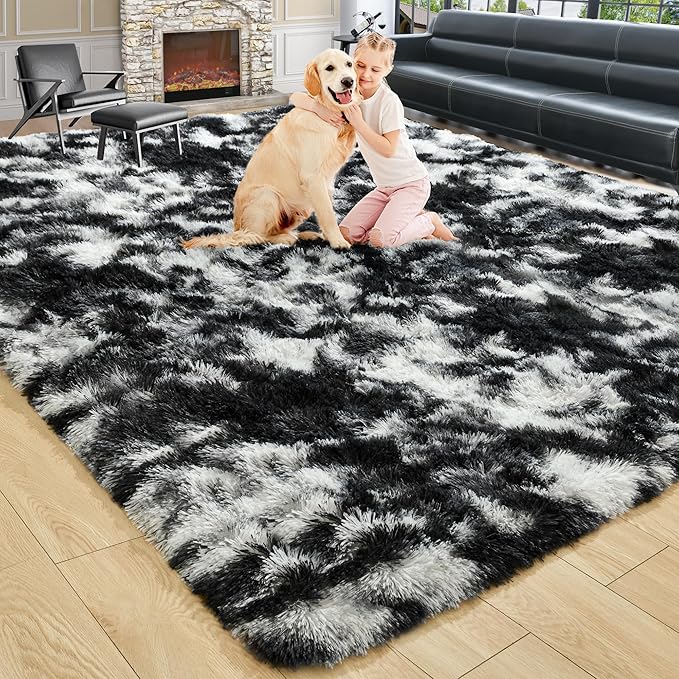 Noahas Large Fluffy 6x9 Area Rugs for Living Room Bedroom,Tie-Dyed Black and White Thick Shag Throw Rug,Big Soft Shaggy Bedside Non-Slip Plush Dorm Nursery Kids Carpet
