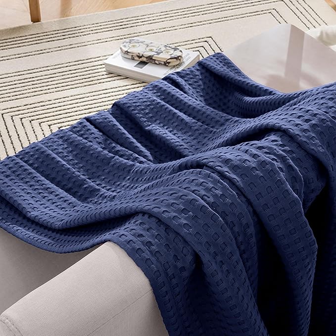Elegant Comfort Premium 100% Cotton Waffle Blanket - Lightweight Breathable Waffle Weave Bed Blanket - Soft and Warm All Season Blanket for Couch, Sofa and Bed, Full Size 88x88 Inches, Navy Blue