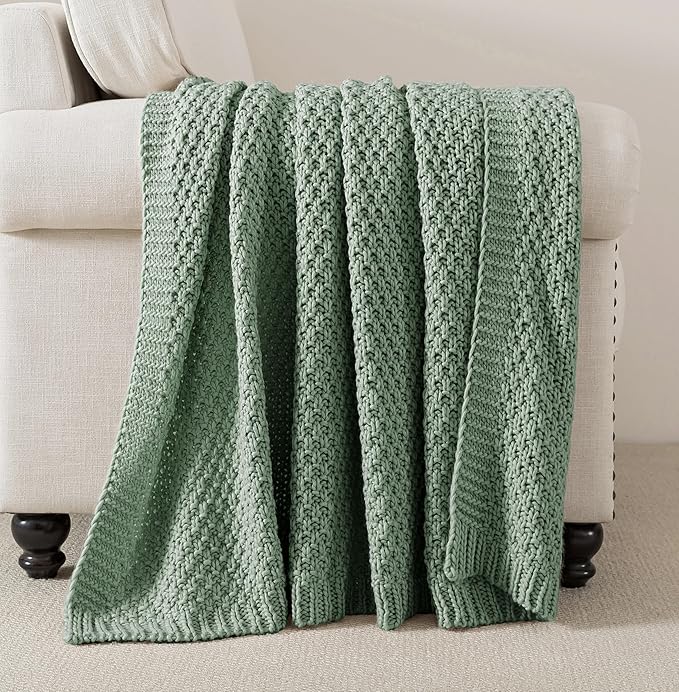 WDCOZY Chunky Cable Knit Throw Blanket Super Soft Warm Knitted Throw Blanket for Couch, Sofa, Chair, Bed Lightweight Breathable Cozy Comfortable Home Decorative Sage Green 60x80 Inches