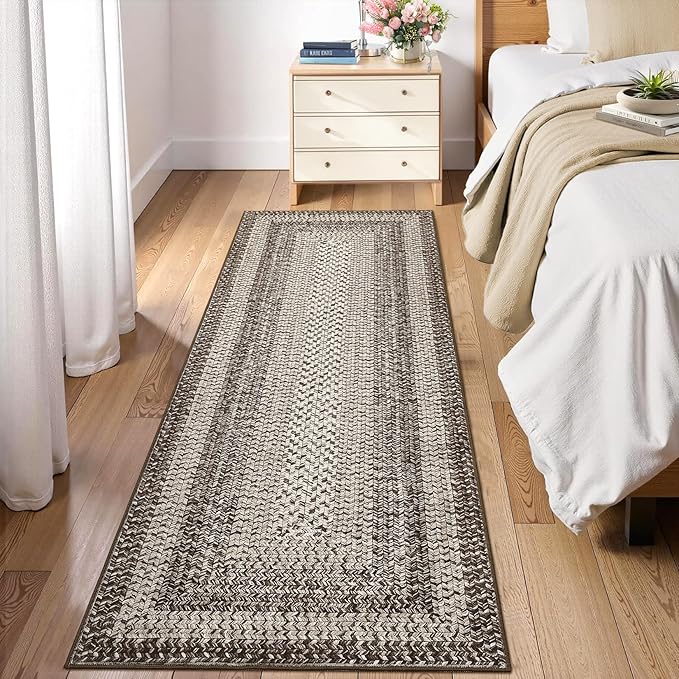 Runner Rug 2x8 Machine Washable Hallway Runner Rug Entryway Long Runner Carpet Braided Printed Throw Mat Non Slip Kitchen Mat Living Room Rustic Carpet for Bedroom Dining Room, Mocha