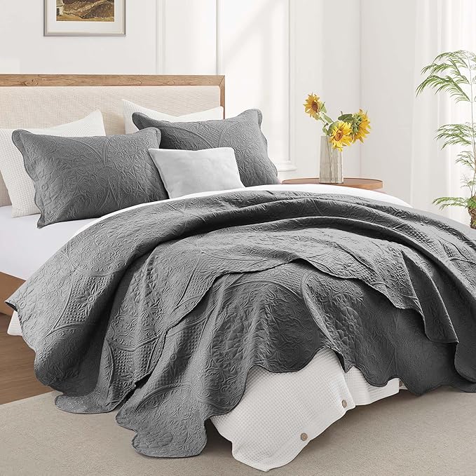 IR Imperial Rooms 10 Pack Queen Quilt Bedding Set (90" x 96") - Bulk Wholesale for Hotels, Guest Bedroom & Airbnbs - Lightweight Microfiber Reversible Floral Embossed Quilts Bedspreads (Grey)