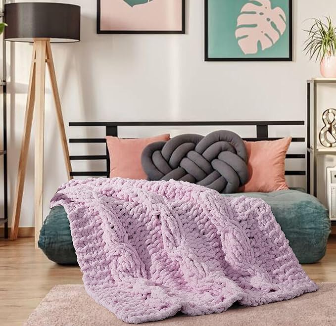 Chunky Knit Blanket Throw - 100% Hand Knitted Chunky Soft Throw Blanket for Couch, Thick and Warm Blanket for Winter, Purple, 50x60 Inches