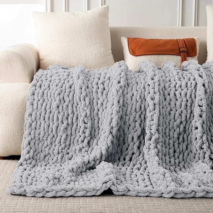 Ultra Soft Chunky Knit Blanket Throw -50x60 Hand Knitted Warm Chenille Throw, Home Decor Soft Thick Yarn Cable Knit Blanket Breathable Fleece Banket Christmas for Couch Bed Sofa Best GIF