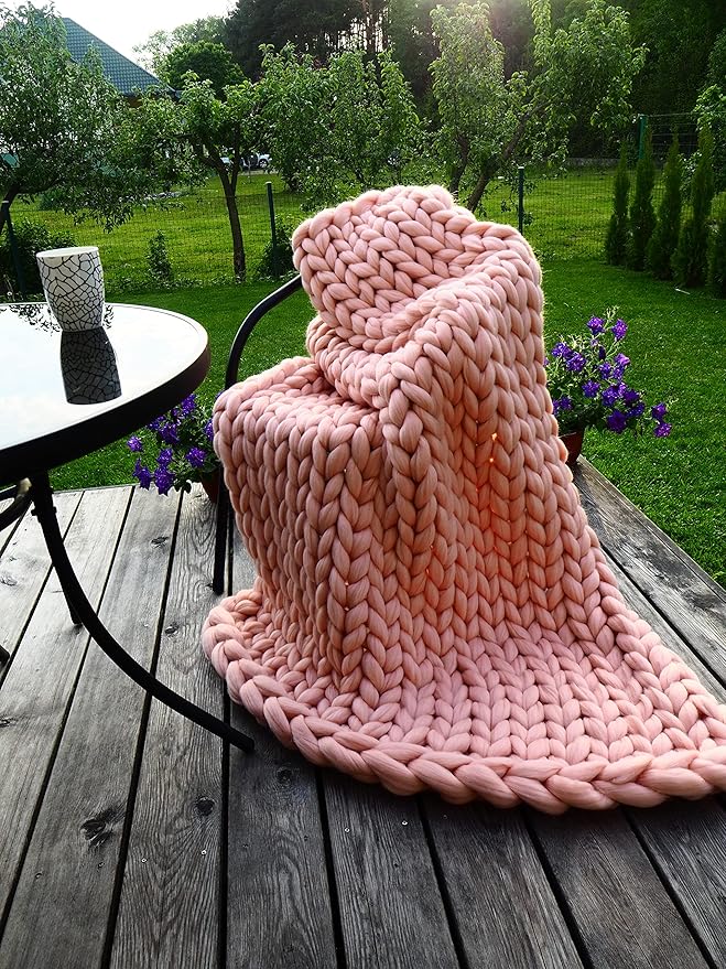 Boho Throw Blanket - Chunky Knit Blanket Full Size Blanket for Adult 54x75 Pink, Boho Blanket Bed Decor, Knit Blanket for Couch, Birthday Gift for Women, Ideas (Light Pink, 54"x75")