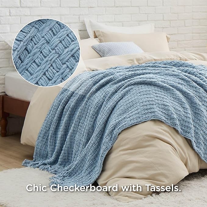 Bedsure Blue Throw Blankets for Couch - Textured Chunky Knit Woven Chenille Blanket - Super Soft, Warm Decorative Boho Throw with Tassels for Bed, Sofa and Living Room Decor, 50x60 Inches