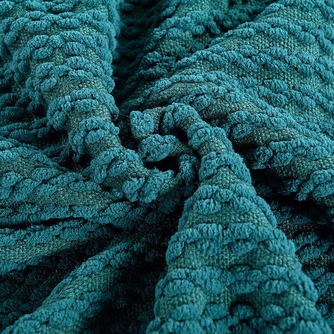 Striped Knit Throw Blanket with Braided Tassels 50" x 60", Hand Knitted Soft Chunky Chain Design Boho Farmhouse Blanket, Solid Color Tassel Decor Throw for Couch Bed Sofa Outdoor, Dark Teal