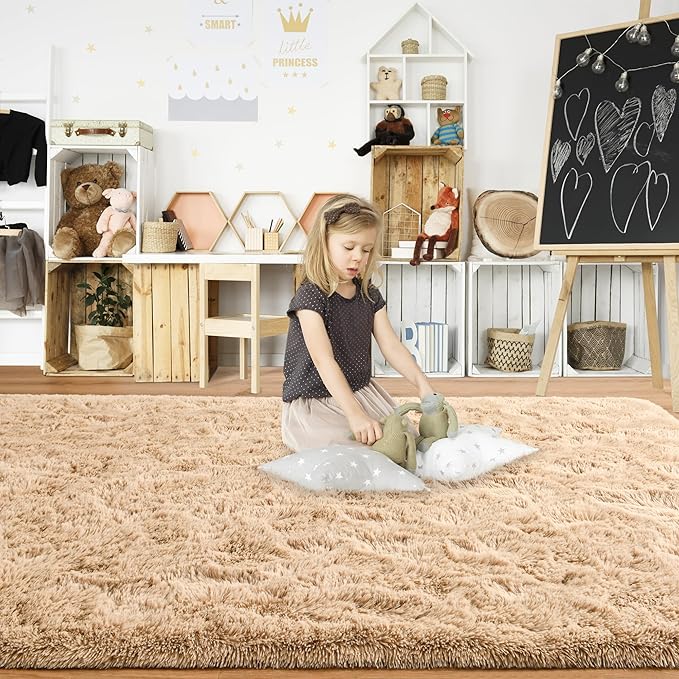 ISEAU Area Rugs 9x12 Feet for Living Room Rugs, Ultra Soft Fluffy Rugs for Bedroom, Non-Slip Modern Large Shag Bedroom Rug for Boys Kids Room Dorm Home Decor, Camel