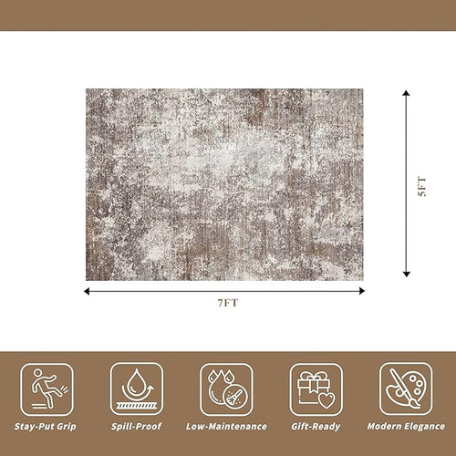 5x7 Washable Living Room Rug – Modern Neutral Abstract Area Rug for Bedroom, Dining Room, Kitchen & Home Office – Low Pile Thin Non-Slip Indoor Carpet (Brown Beige,5x7)
