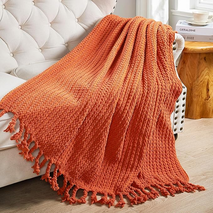 Striped Knit Throw Blanket with Braided Tassels 50" x 60", Hand Knitted Soft Chunky Chain Design Boho Farmhouse Blanket, Solid Color Tassel Decor Throw for Couch Bed Sofa Outdoor, Burnt Orange