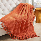 Striped Knit Throw Blanket with Braided Tassels 50" x 60", Hand Knitted Soft Chunky Chain Design Boho Farmhouse Blanket, Solid Color Tassel Decor Throw for Couch Bed Sofa Outdoor, Burnt Orange