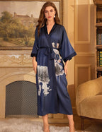 Kihnop Women's Floral Long Kimono Robe Long Satin Robe Long Silk Robe Ladies Kimonos Silky Bathrobe Cover Up, One Size