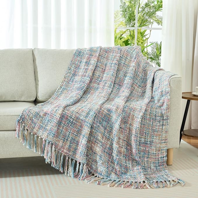 Multi-Color Pink Blue Cable Woven Throw Blanket for Couch,50"X60" Boho Style Textured Blankets for Home Decor,Super Soft Warm Cozy Chunky Blanket with Decorative Tassels for Bed