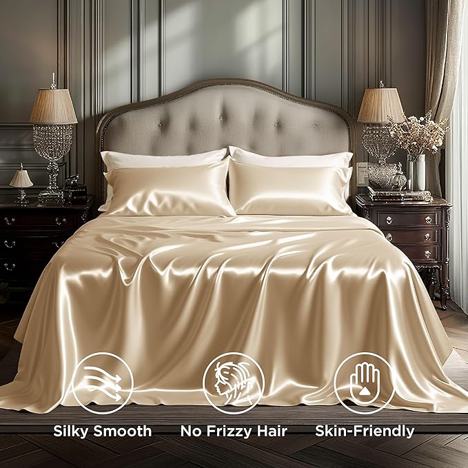 Bedsure Satin Sheets King Size - 4 Piece Silky Bedsheets with Elastic Corner Straps and 15 Inches Deep Pocket Fitted Bedsheet,1 Flat Sheet, 2 Satin Pillowcases, Good for Hair & Skin (King, Champagne)