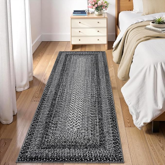 2x6 Boho Runner Rug Braided Print Hallway Area Rug Machine Washable Throw Floor Cover Non Slip Moroccan Runner Carpet for Kitchen Farmhouse Rustic Carpet for Living Room Bedroom, Black