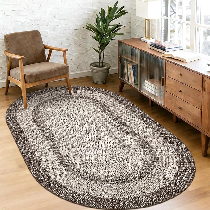 5x8 Oval Living Room Area Rug Washable Modern Border Bedroom Bedside Area Rugs Non Slip Low Pile Dining Room Oval Throw Carpet Contemporary Rugs for Living Room Kitchen Nursery, Mocha